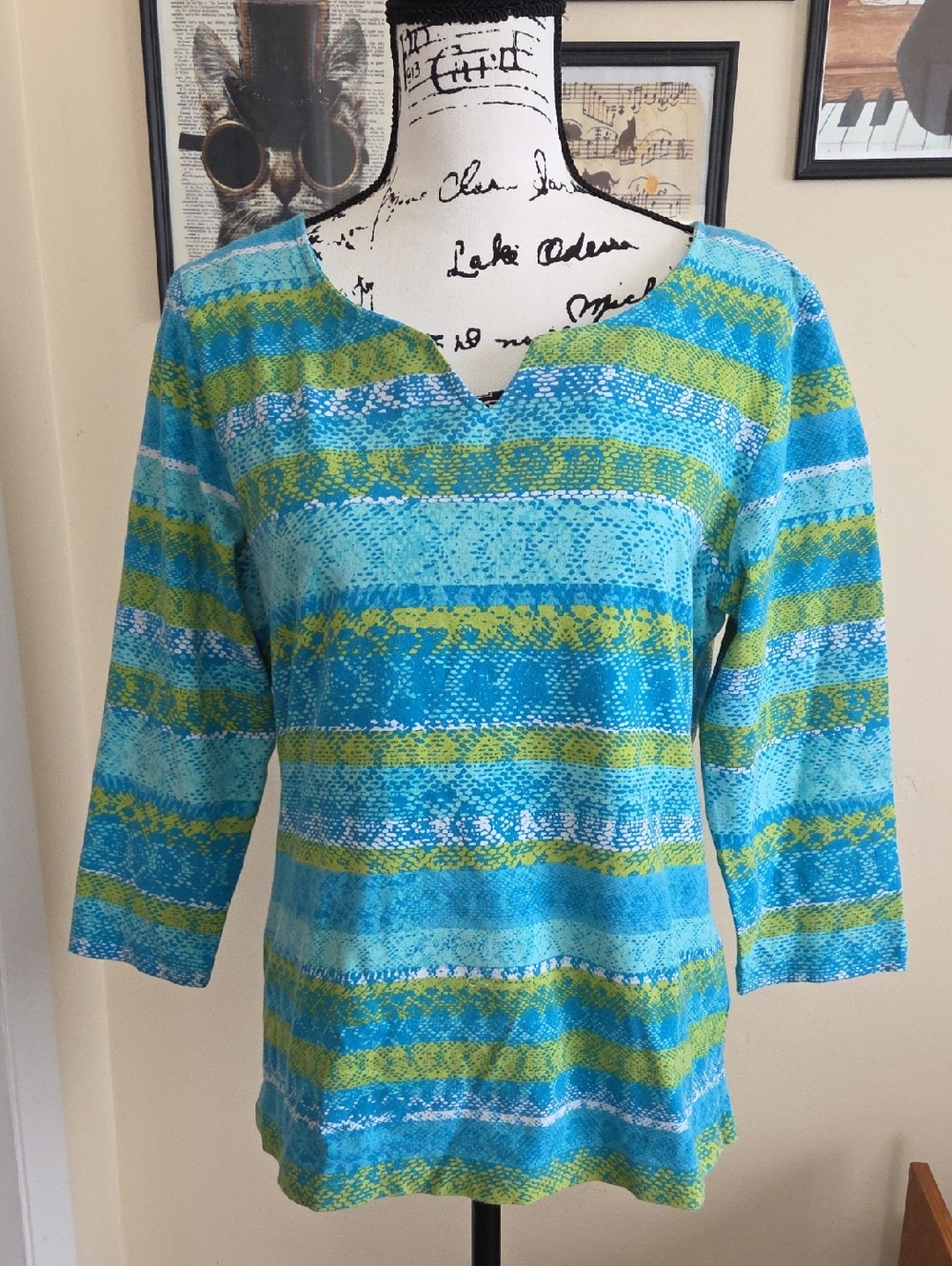 Ruby Rd. Teal & Lime Patterned Knit Top